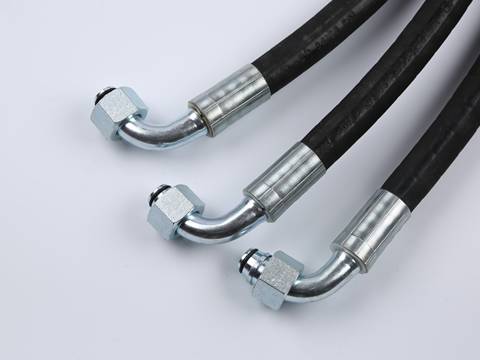 Three high pressure hydraulic hose EN 856 4SN with stainless steel H type 90° bending.