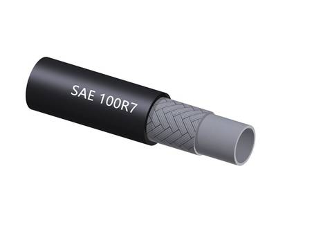 A drawing of SAE 100R7 hydraulic hose shows fiber braid reinforcement and thermoplastic inner tube.