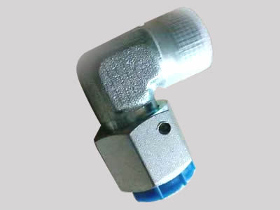 A stainless steel 90° bending coupling on the gray background with plastic sleeve and plastic cap.