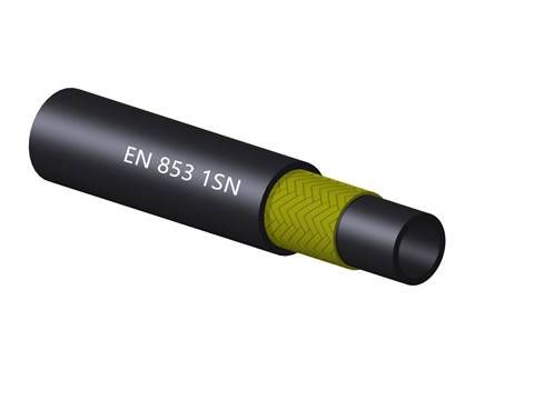 A drawing of EN 853 1SN high pressure hydraulic hose with one-braid high tensile steel wire.