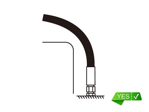 A drawing shows right installation of hydraulic hose with suitable radius to avoid abrasion.