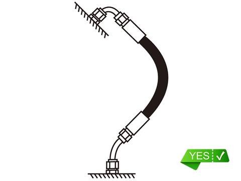 A drawing shows right installation of hydraulic hose with suitable fitting.