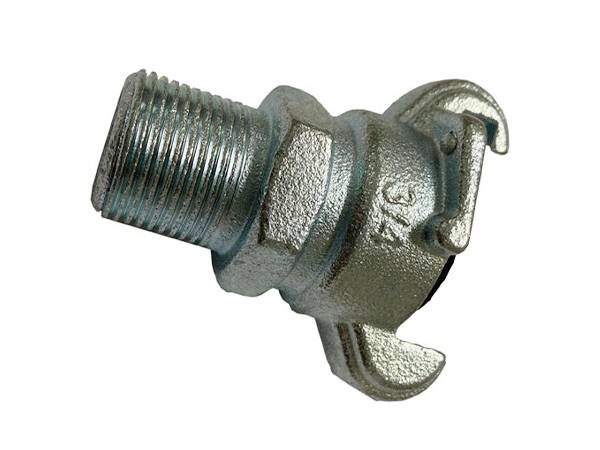 A silver gray male thread Chicago type coupling