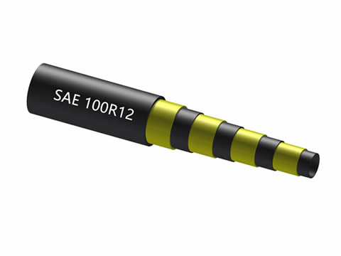 A drawing of SAE 100R12 hydraulic hose shows four-spiral high tensile steel wire.