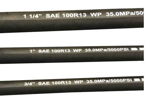Three pieces of SAE 100R13 high pressure hydraulic hose with printed specs.