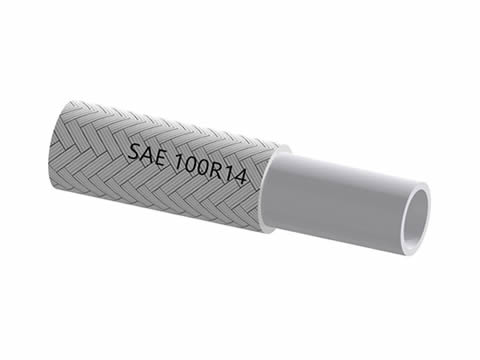 Un dibujo de SAE 100R14 manguera hidráulica con tubo interior de PTFE y alambre trenzado de acero inoxidable.