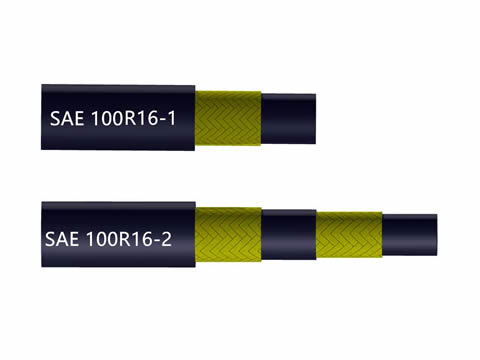 Two drawings of SAE 100R16 hydraulic hoses: SAE 100R16-1 and SAE 100R16-2.