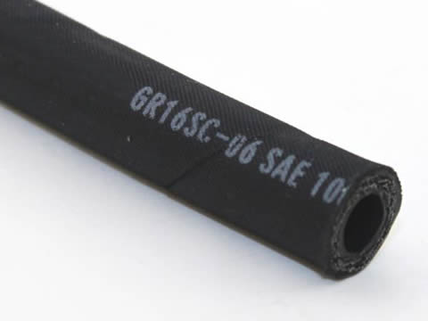 A SAE 100R16 hydraulic hose with two-braid steel wire reinforcement and specs on the surface.