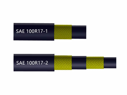Two drawings of SAE 100R17 hydraulic hoses with one or two braids of high tensile steel wires.