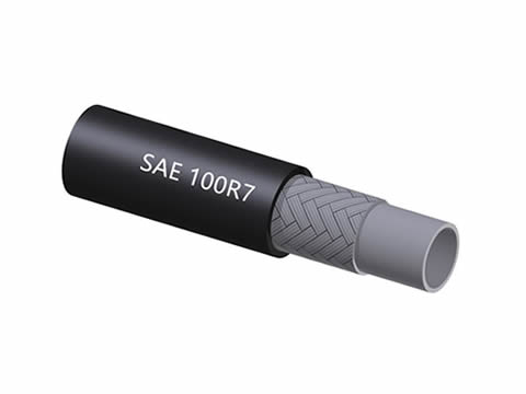 Un dibujo de la manguera hidráulica SAE 100R7 muestra refuerzo trenzado de fibra y tubo interior termoplástico.