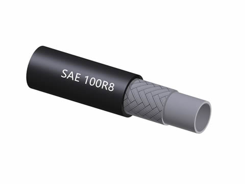 A drawing of SAE 100R8 hydraulic hose with fiber braid reinforcement and thermoplastic inner tube.