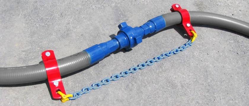 Las cadenas y abrazaderas de seguridad se utilizan para asegurar los extremos de la manguera de perforación rotativa.