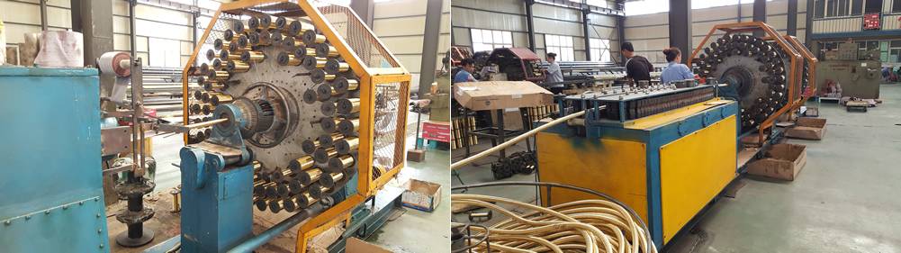 Two pictures show production line of spiral wire hydraulic hose.